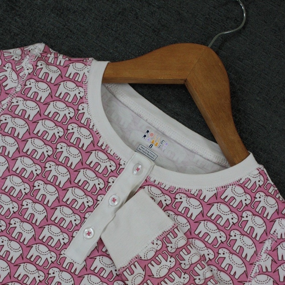 Roller Rabbit Hathi Elephant Pink Pima Cotton Henley Pajama Top Kids Size 8